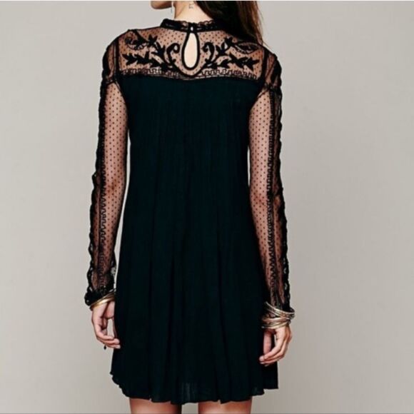 Free People rare Write About Love solid black lace mesh embroidered mini dress - Picture 2 of 12